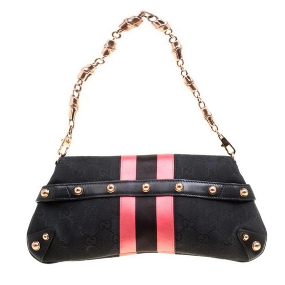 AUTH GUCCI HORSEBIT shoulder bag black pink stripe monogram stud bamboo detail - Picture 4 of 16